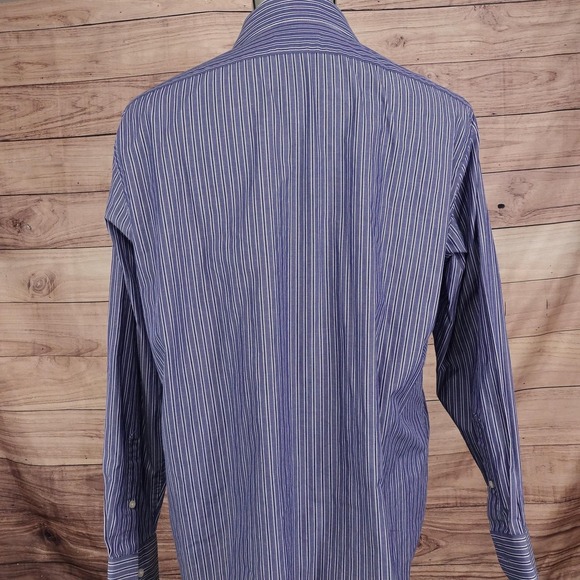 Chaps Dress Shirt Mens 17 34/35 Blue Striped Regular Fit Wrinkle Resistant - Picture 4 of 9